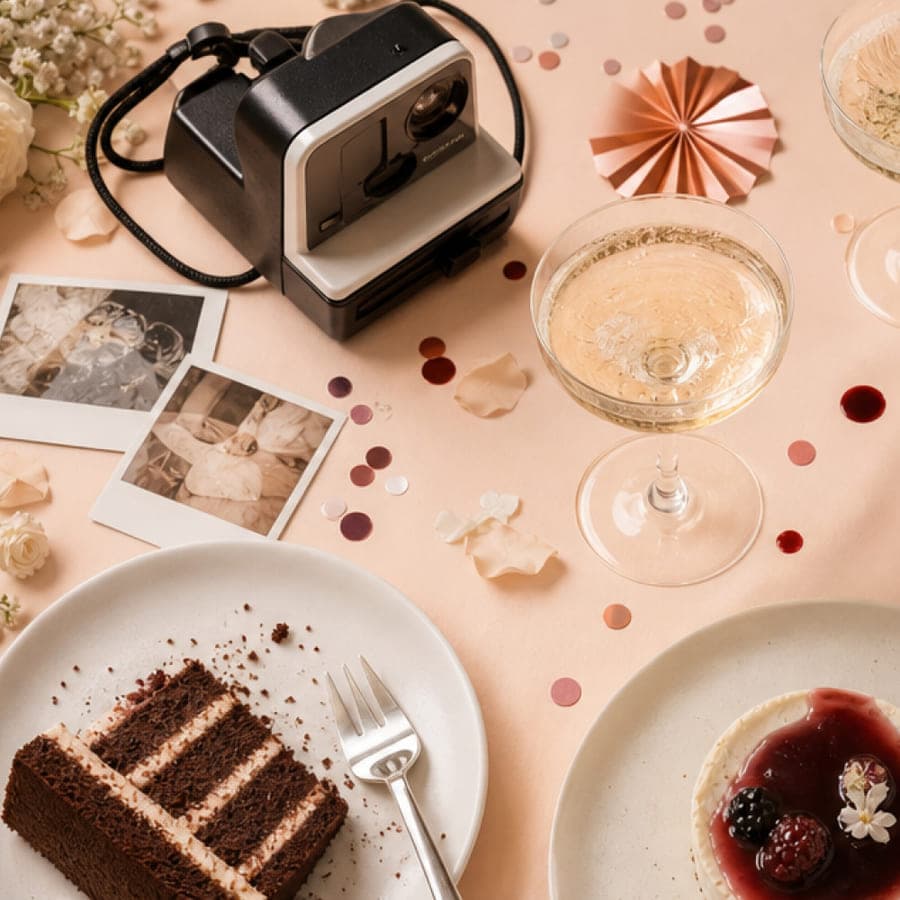 Instant camera, photos and cake on the party table