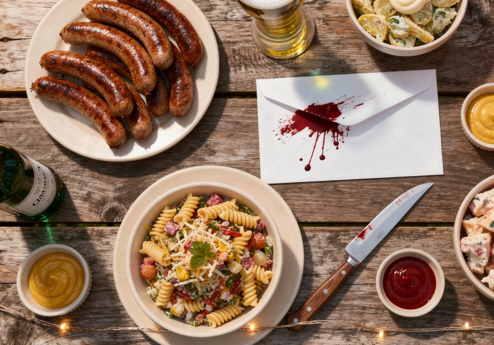 Barbecue table with sausages, pasta salad and a blood-stained envelope